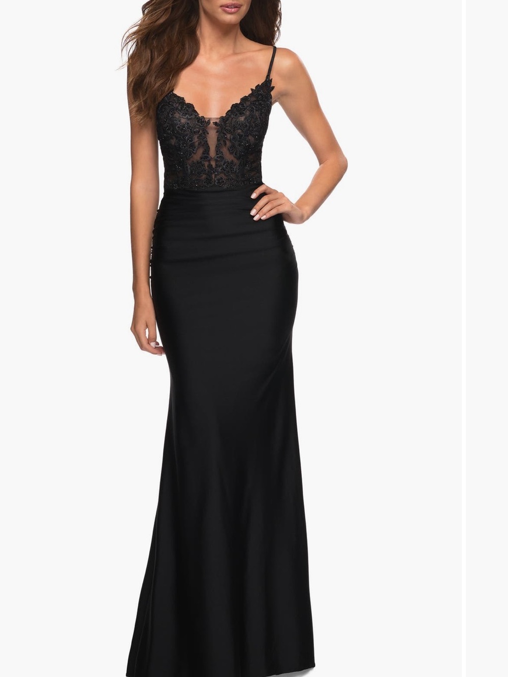 La Femme Black Lace Bodice Satin Column Gown